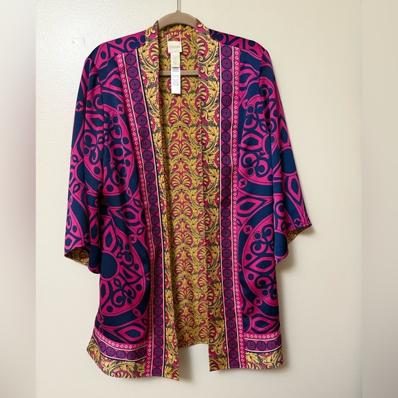 Chicos Reversible Ornate Printed Kimono Jacket Size 3P Pink Purple - Picture 1 of 13